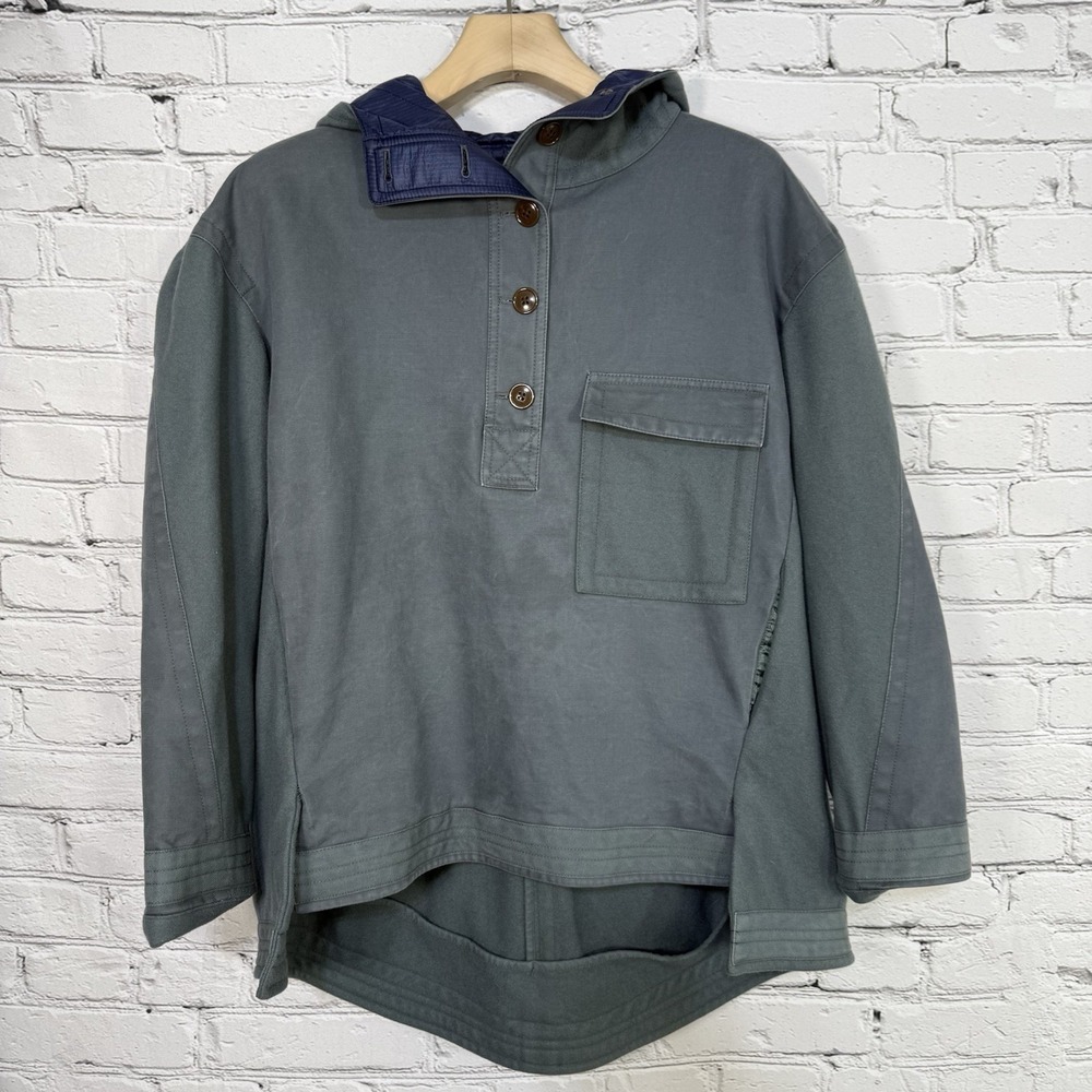 J. Crew Anorak Hooded Pullover Jacket Womens L 1/4 Button High Low Canvas Fleece - Picture 1 of 16